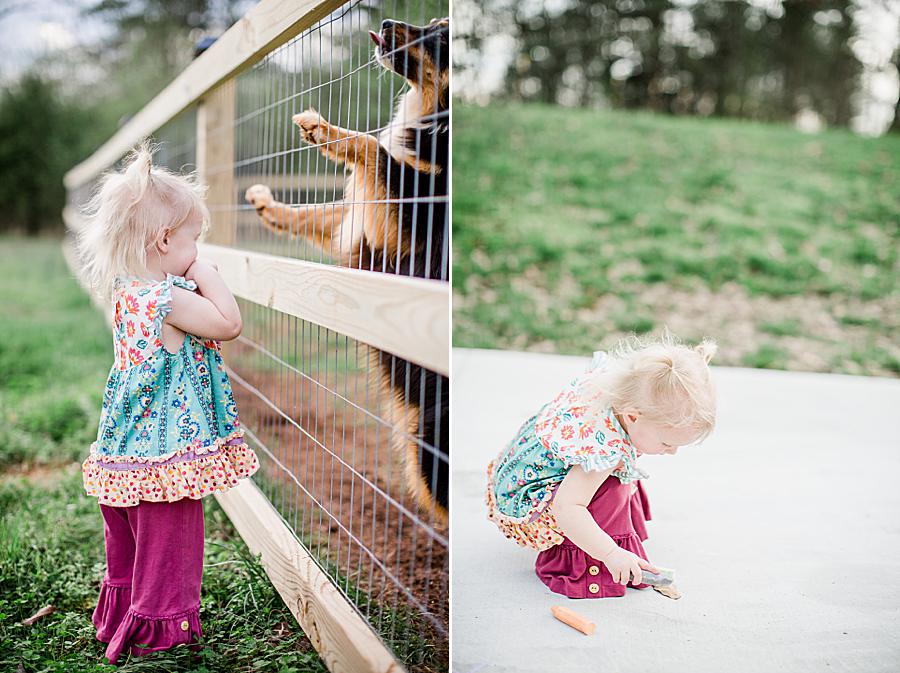 little girl looking at dog behind fence