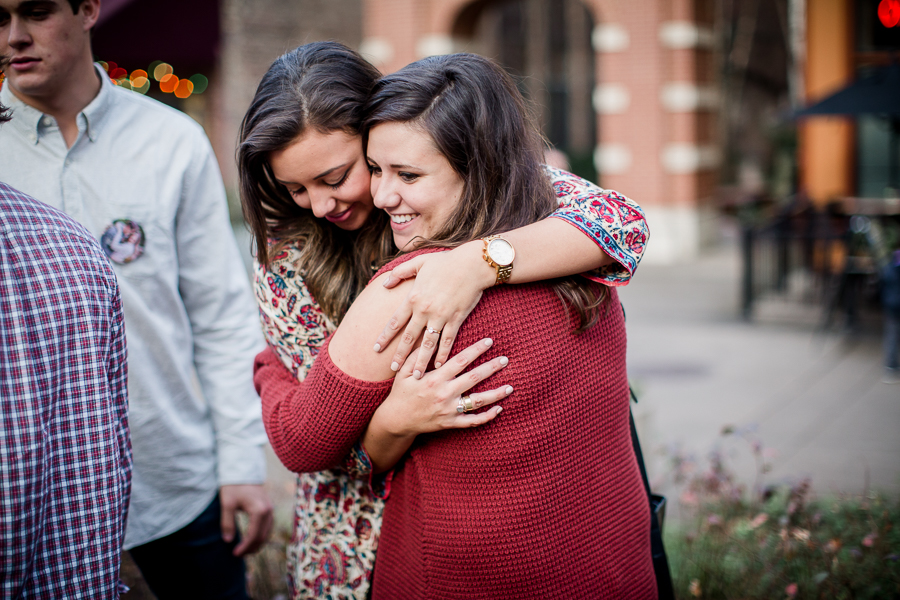 Sisters hugging engagement photo by Knoxville Wedding Photographer, Amanda May Photos.