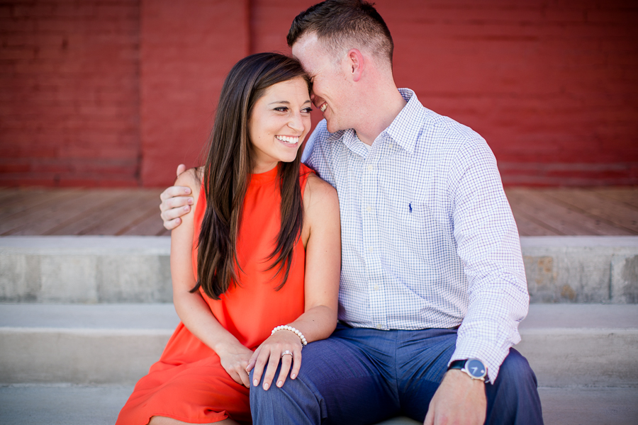 Sitting on stairs engagement photo by Knoxville Wedding Photographer, Amanda May Photos.