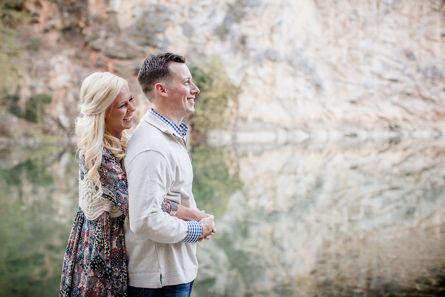 She hugs him from behind engagement photo by Knoxville Wedding Photographer, Amanda May Photos.