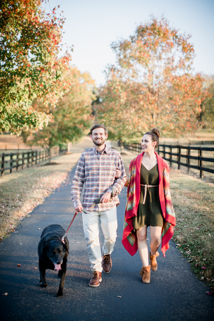 Walking their dog engagement photo by Knoxville Wedding Photographer, Amanda May Photos.