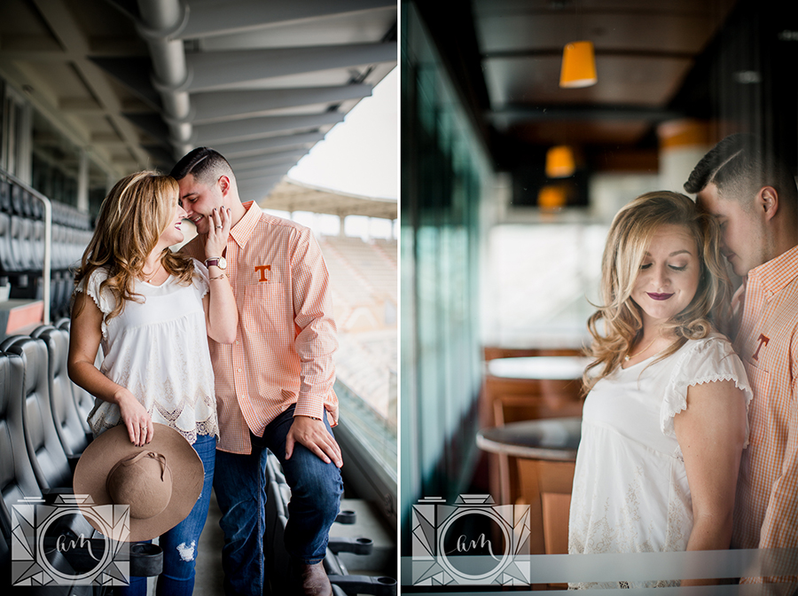 Standing in box seats engagement photo by Knoxville Wedding Photographer, Amanda May Photos.