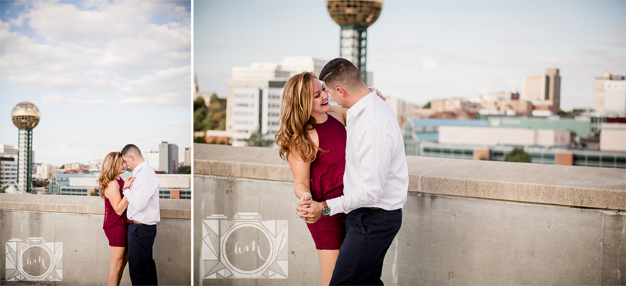 Dancing in front of the sunsphere engagement photo by Knoxville Wedding Photographer, Amanda May Photos.