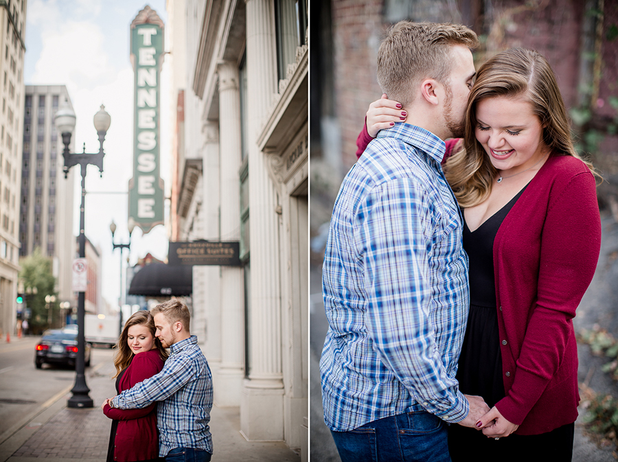 Her hand on his neck while he whispers engagement photo by Knoxville Wedding Photographer, Amanda May Photos.