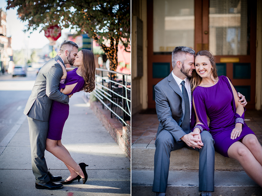 Kissing her as she bends back engagement photo by Knoxville Wedding Photographer, Amanda May Photos.