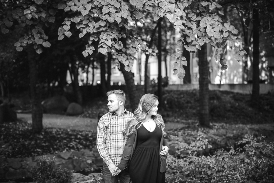 Looking opposite black and white engagement photo by Knoxville Wedding Photographer, Amanda May Photos.