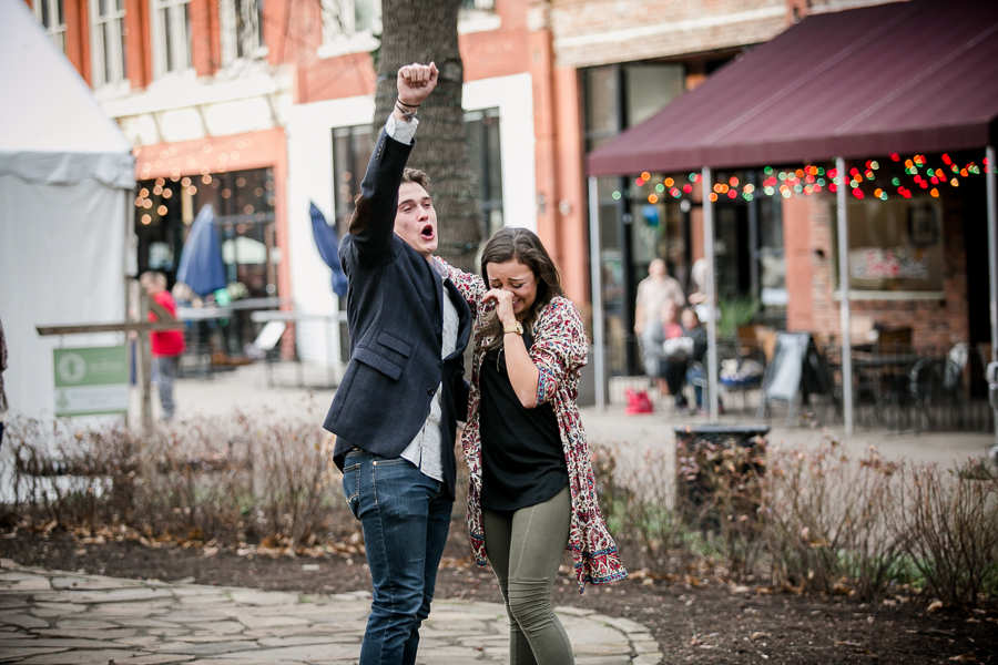 Fist pump after proposing engagement photo by Knoxville Wedding Photographer, Amanda May Photos.