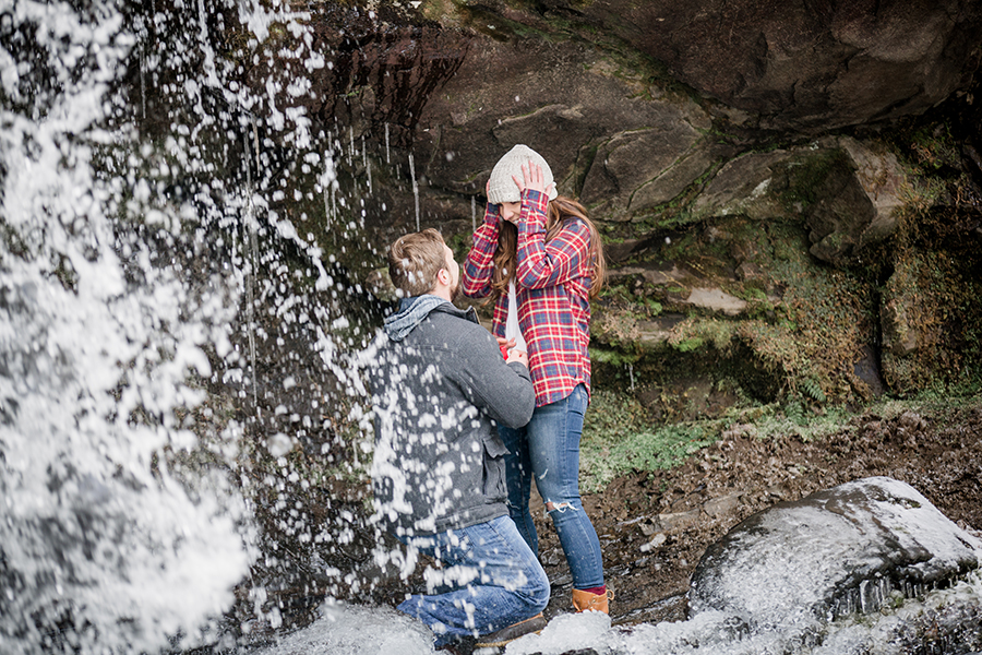 Proposing behind a waterfall engagement photo by Knoxville Wedding Photographer, Amanda May Photos.
