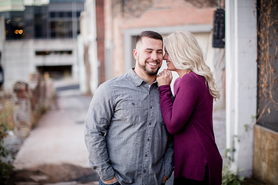 Her hands on his shoulders engagement photo by Knoxville Wedding Photographer, Amanda May Photos.