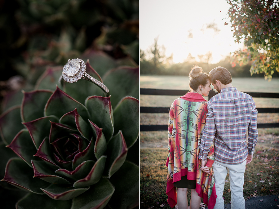 Engagement ring on green flower engagement photo by Knoxville Wedding Photographer, Amanda May Photos.