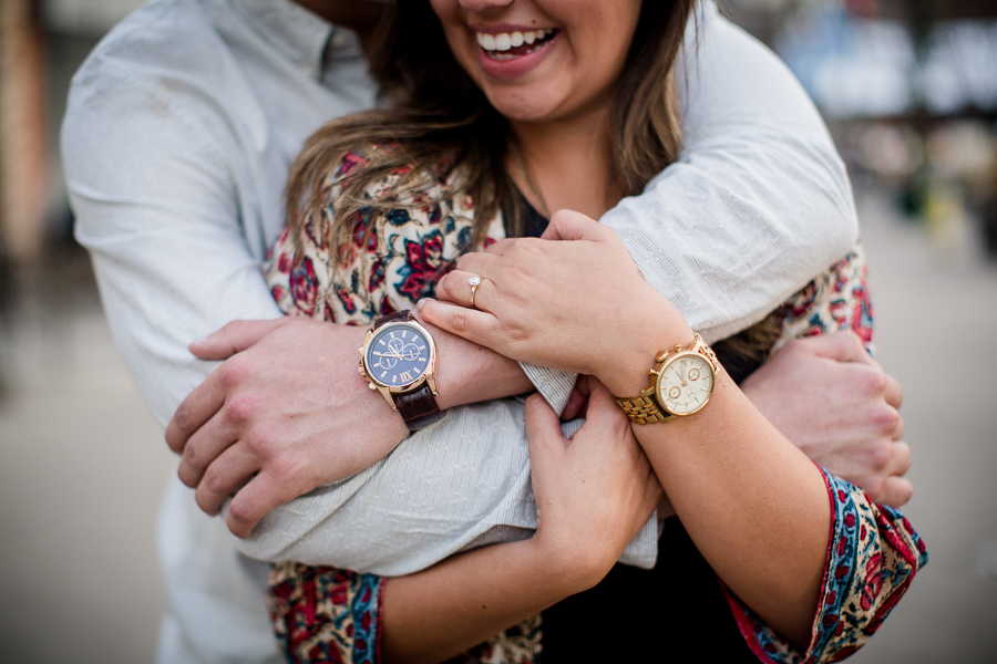 Arm snuggles after proposal engagement photo by Knoxville Wedding Photographer, Amanda May Photos.