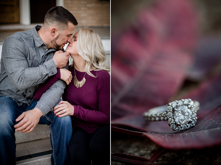 Her ring on a maroon leaf engagement photo by Knoxville Wedding Photographer, Amanda May Photos.