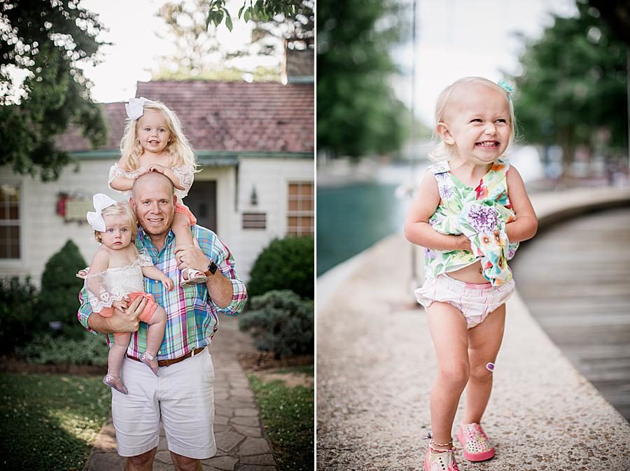 On dad's shoulders at this 2018 Favorite Portraits by Knoxville Wedding Photographer, Amanda May Photos.