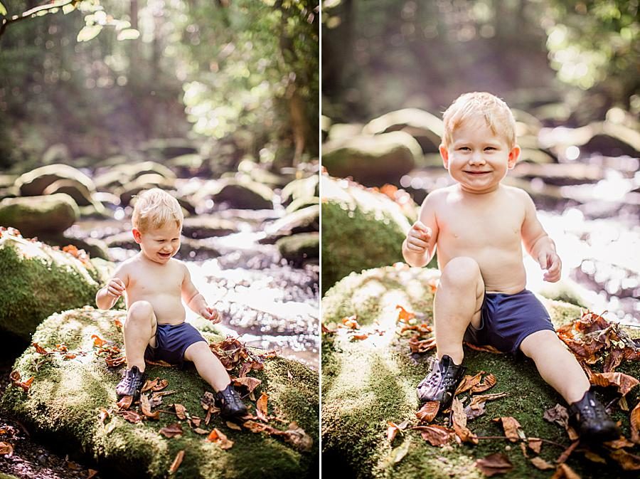 Sitting on a rock at this Family by Knoxville Wedding Photographer, Amanda May Photos.