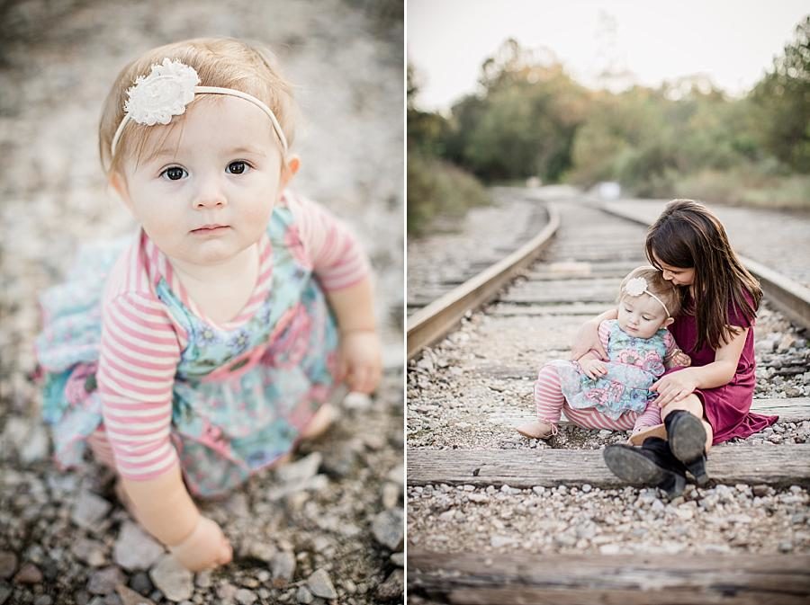 On the train tracks at this Meads Quarry 1 Year Old Session by Knoxville Wedding Photographer, Amanda May Photos.