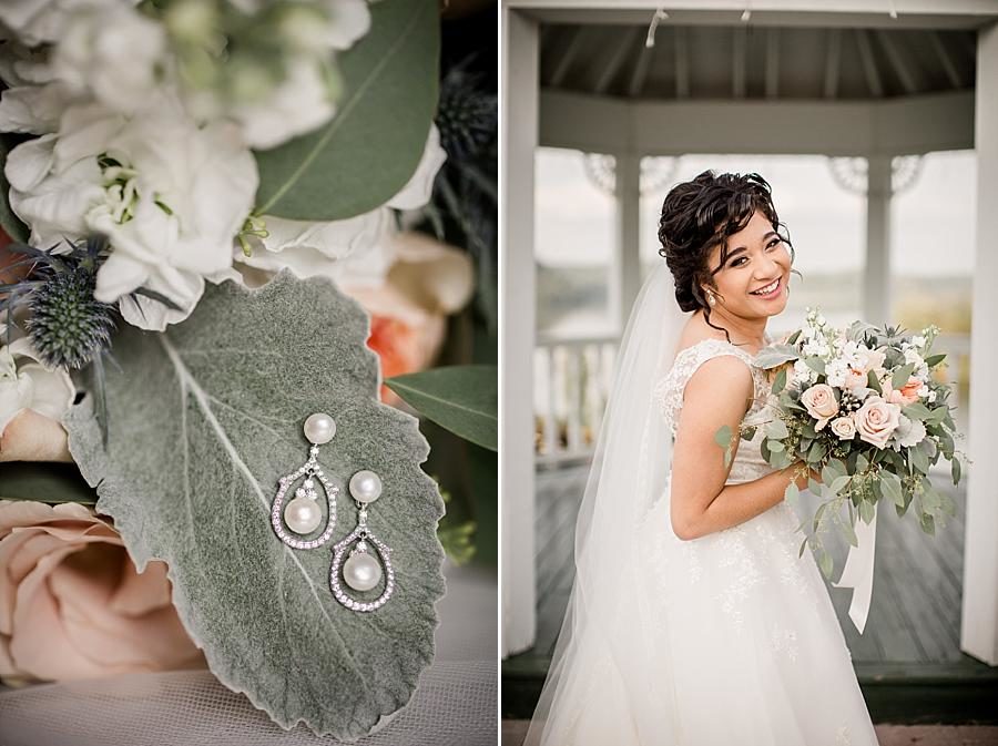 Earrings in the bouquet at this Whitestone Country Inn bridal session by Knoxville Wedding Photographer, Amanda May Photos.