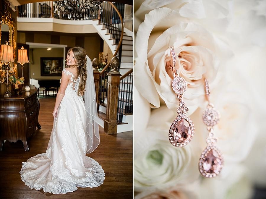 Earrings hanging from roses at this Castleton Farms Bridal session by Knoxville Wedding Photographer, Amanda May Photos.