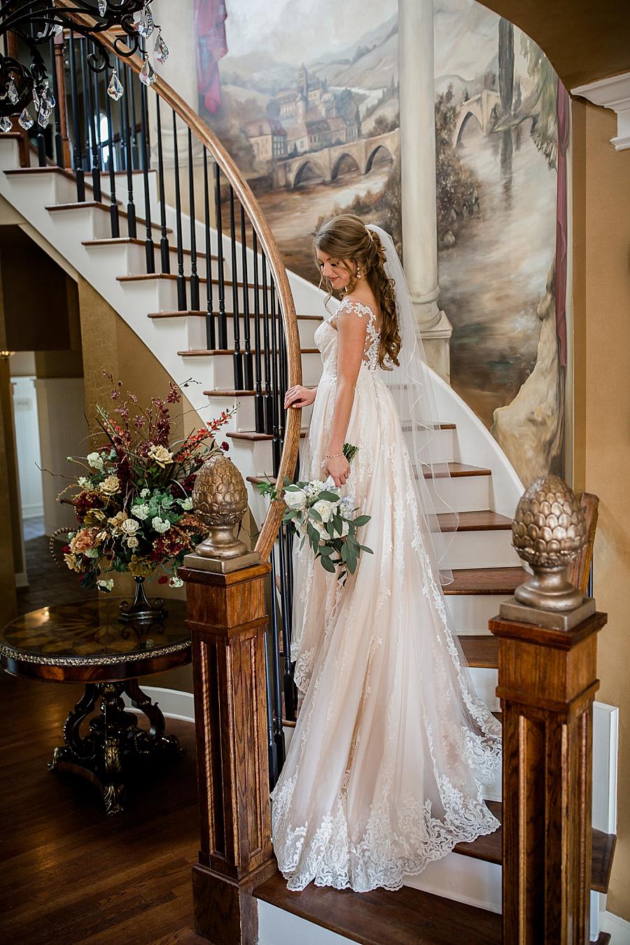 On the stairs at this Castleton Farms Bridal session by Knoxville Wedding Photographer, Amanda May Photos.