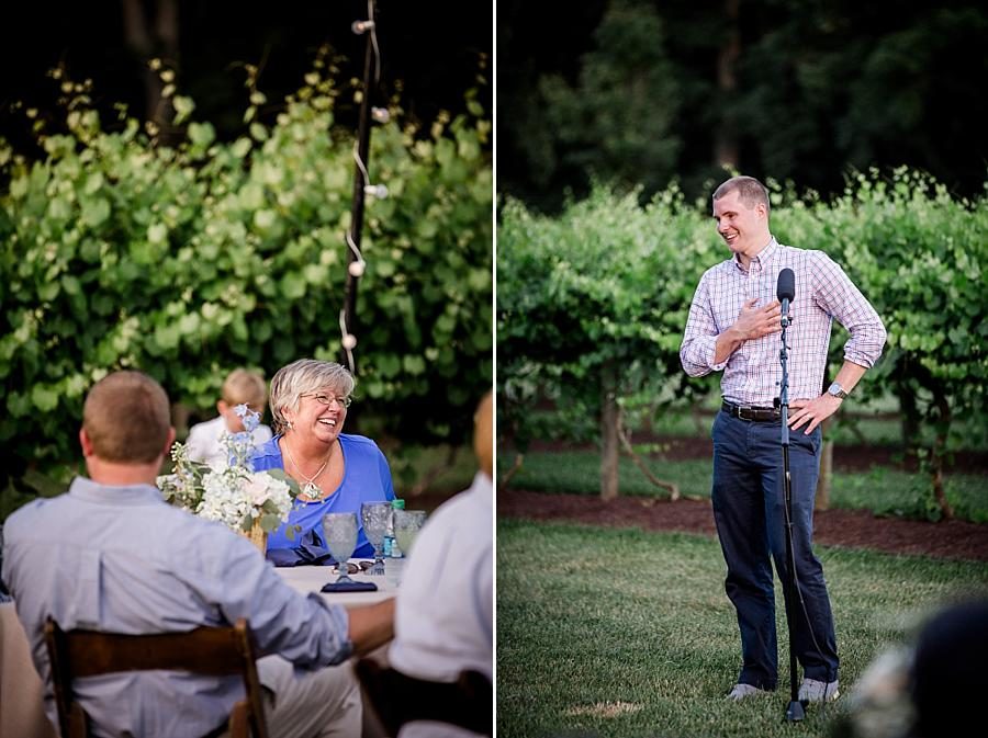 Rehearsal dinner toasts at this Castleton Farms Wedding by Knoxville Wedding Photographer, Amanda May Photos.