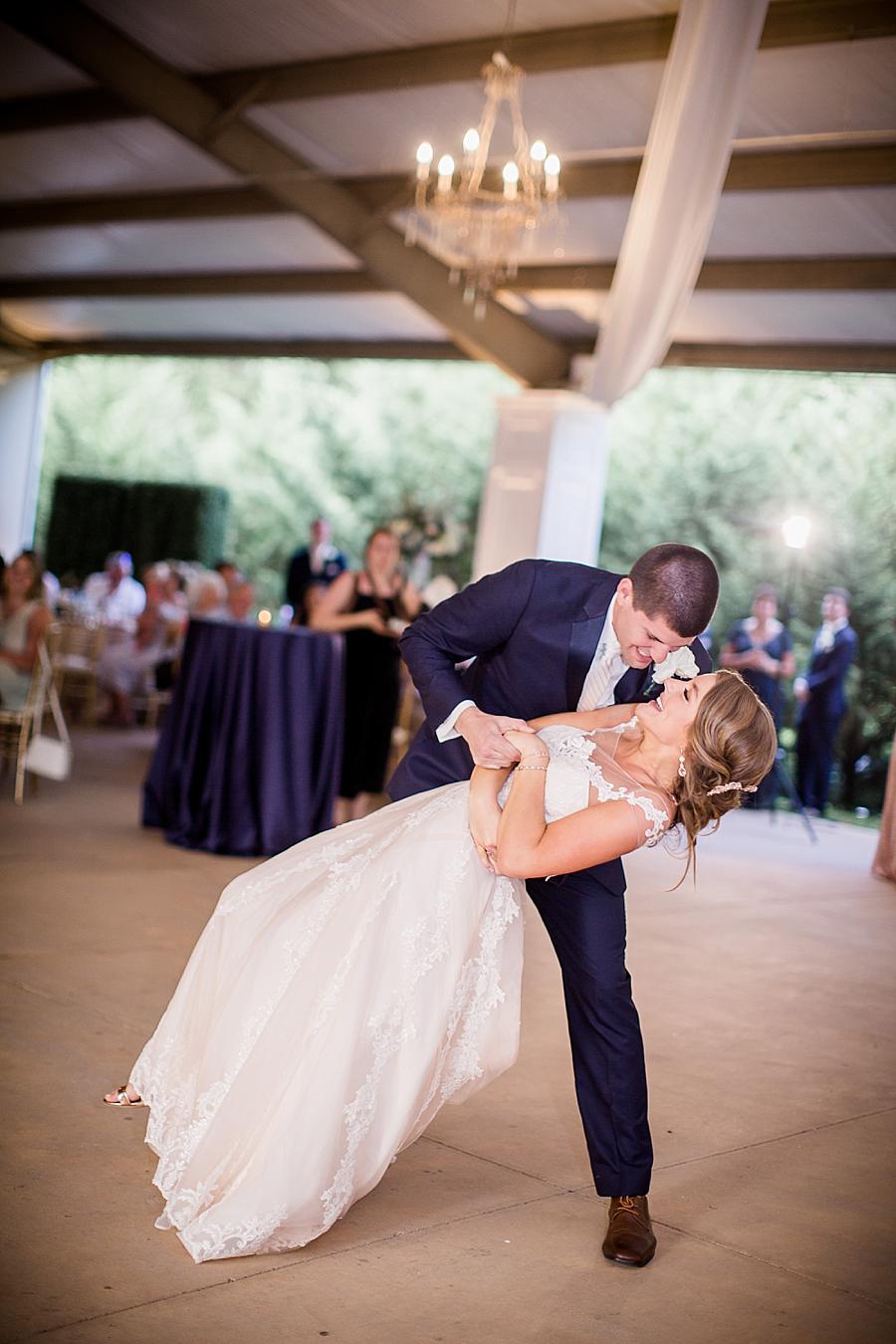 First dance dip at this Castleton Farms Wedding by Knoxville Wedding Photographer, Amanda May Photos.