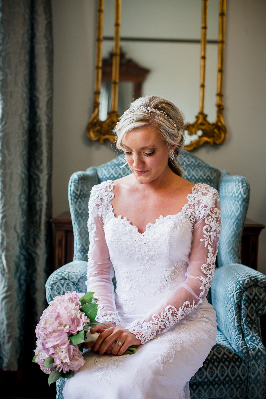 Sitting in blue chair at Historic Westwood by Knoxville Wedding Photographer, Amanda May Photos.