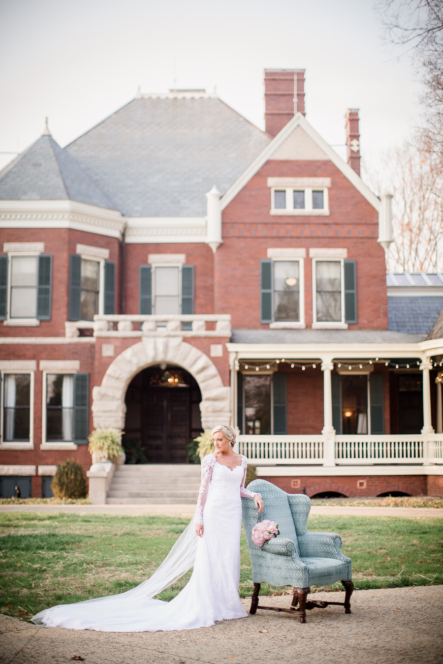 Standing with blue chair at Historic Westwood by Knoxville Wedding Photographer, Amanda May Photos.