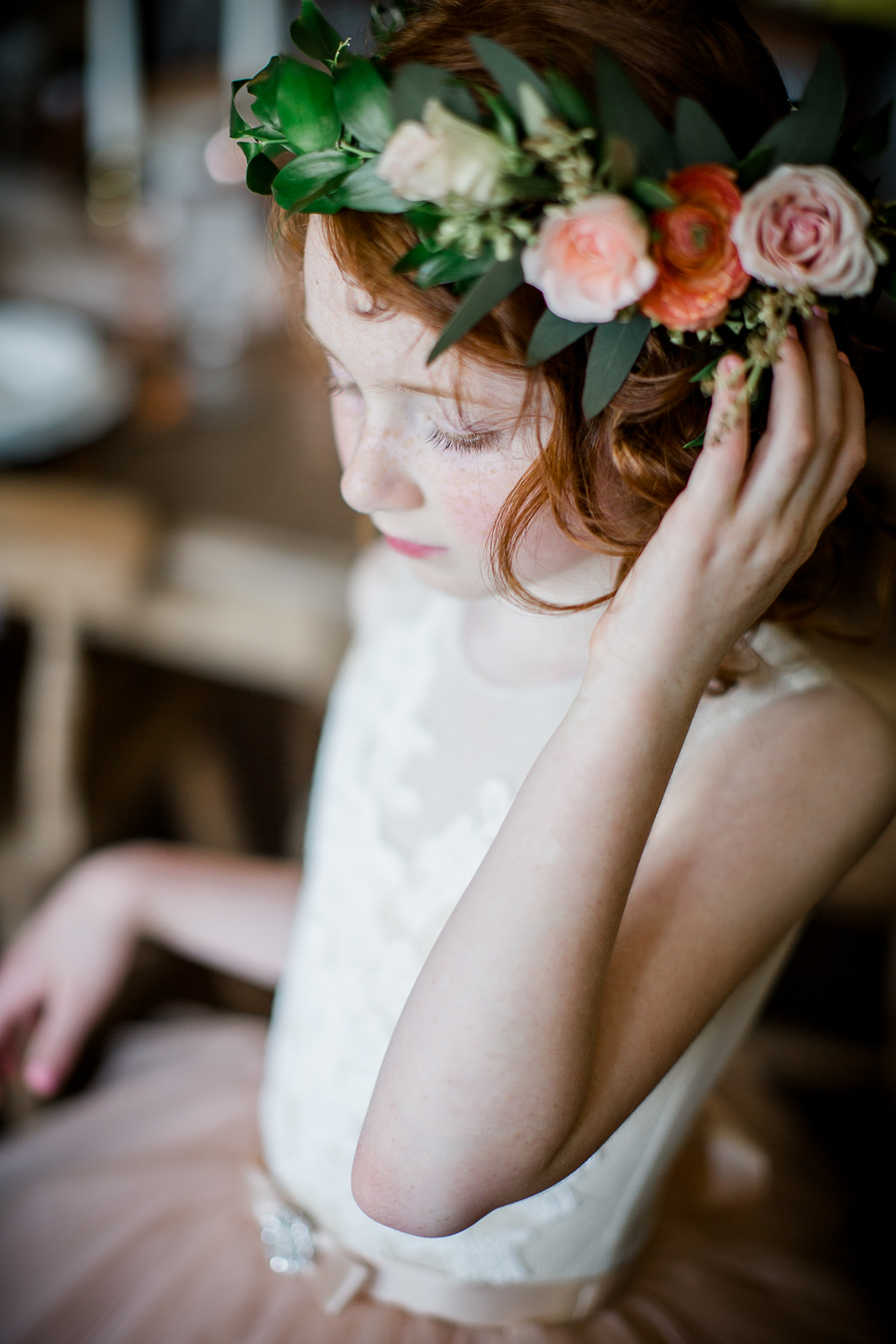 Flower Girl playing with hair at this North Carolina Elopement by Knoxville Wedding Photographer, Amanda May Photos.