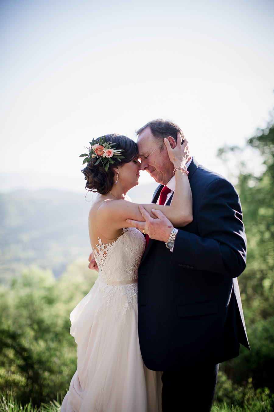 Bride and Father foreheads touching at this North Carolina Elopement by Knoxville Wedding Photographer, Amanda May Photos.