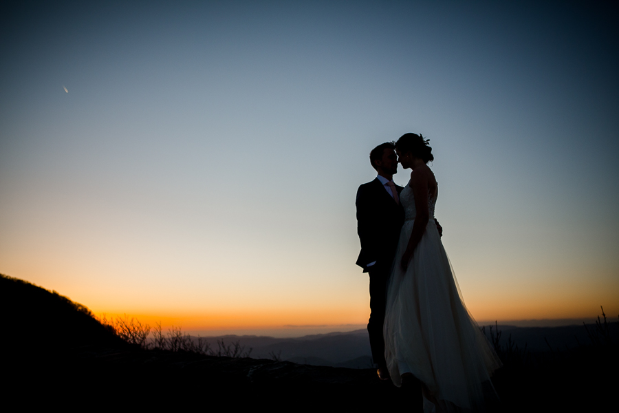 Foreheads touching in the sunset at this North Carolina Elopement by Knoxville Wedding Photographer, Amanda May Photos.