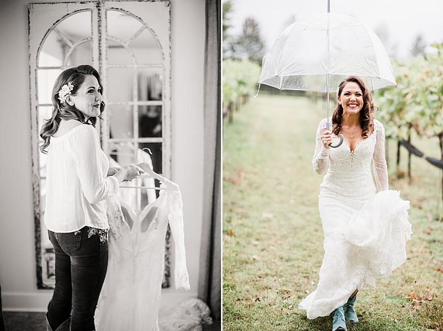 Dress on hanger at this Arrington Vineyard wedding by Knoxville Wedding Photographer, Amanda May Photos.