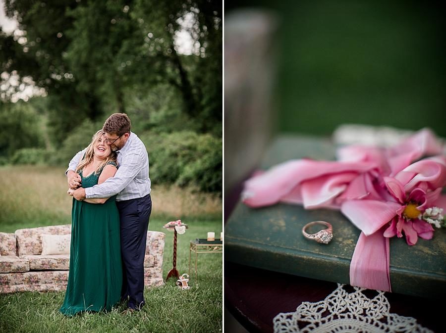Engagement ring on old book at this Holston River Engagement Session by Knoxville Wedding Photographer, Amanda May Photos.
