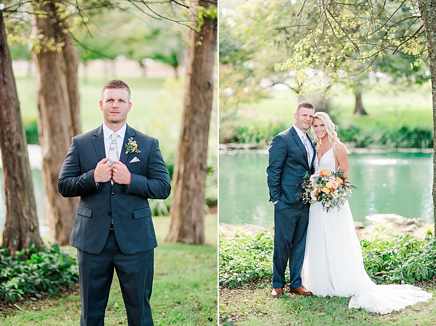 bride and groom by the water at this associate wedding at marblegate