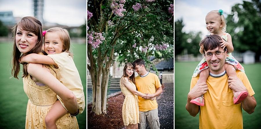 Piggy back ride at this World's Fair Park session by Knoxville Wedding Photographer, Amanda May Photos.