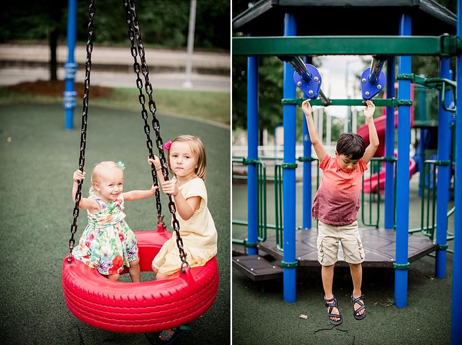 Red tire swing at this World's Fair Park session by Knoxville Wedding Photographer, Amanda May Photos.