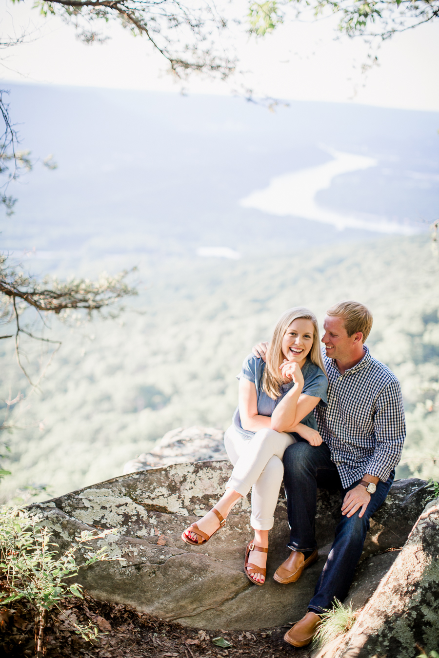 Looking at her with lookout behind at Sunset Rock in Chattanooga by Knoxville Wedding Photographer Amanda May Photos.