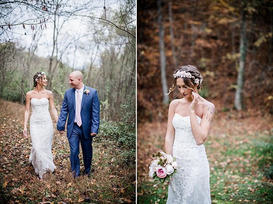 Bride and Groom walking through the woods at this Alpine Village Wedding Chapel by Knoxville Wedding Photographer, Amanda May Photos.