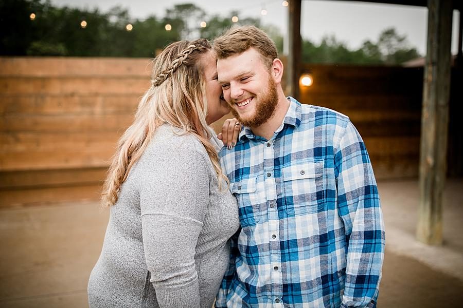 Whisper in the ear at this The Stables at Strawberry Creek Engagement Session by Knoxville Wedding Photographer, Amanda May Photos.