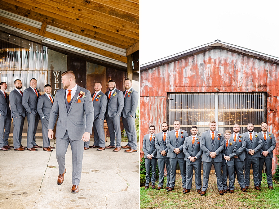groom in a grey tuxedo at burnett family farm