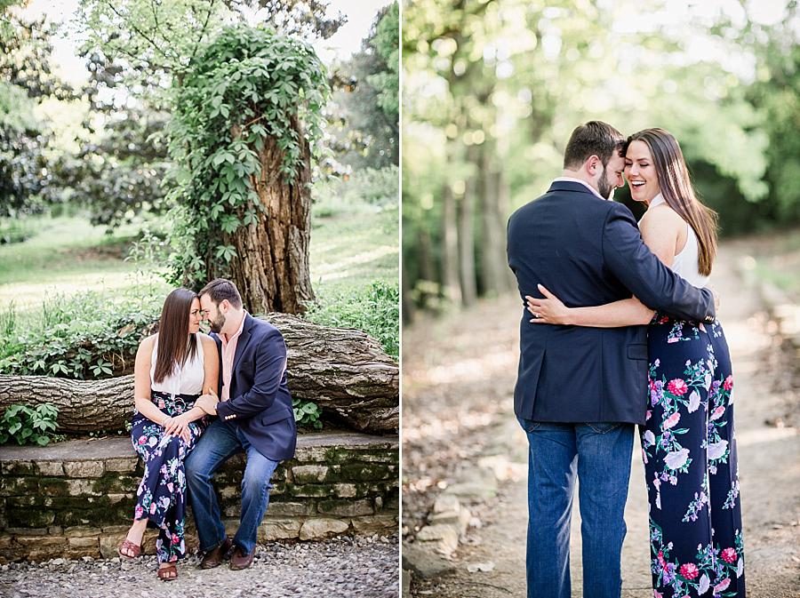 Sitting on a stone wall at this Knoxville Botanical Engagement session by Knoxville Wedding Photographer, Amanda May Photos.