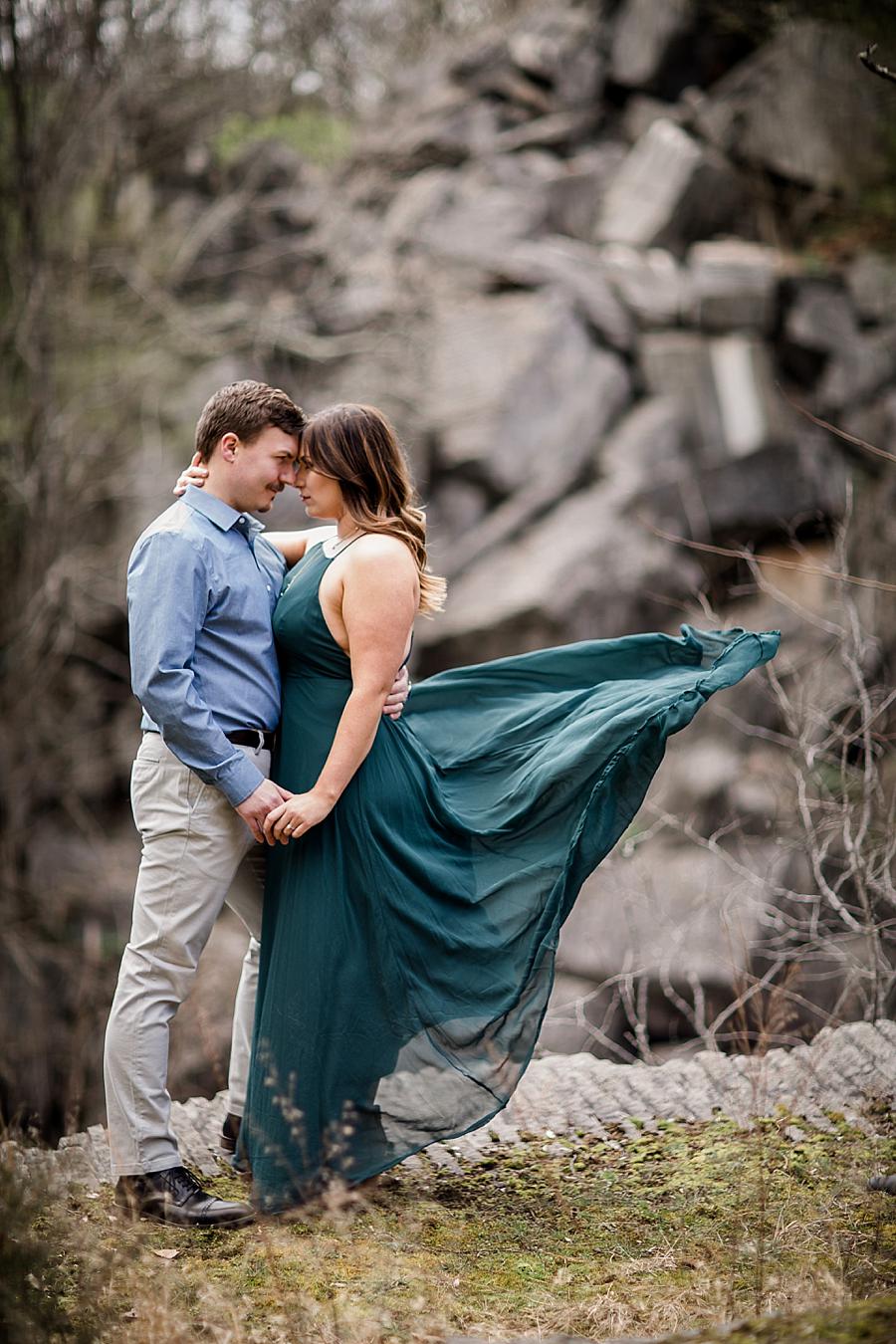 Dress blowing in the wind at this Knoxville engagement session at The Quarry by Knoxville Wedding Photographer, Amanda May Photos.