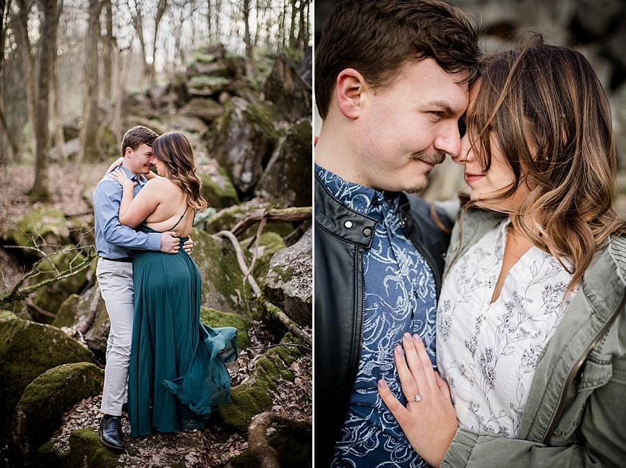 Her hand on his chest at this Knoxville engagement session at The Quarry by Knoxville Wedding Photographer, Amanda May Photos.