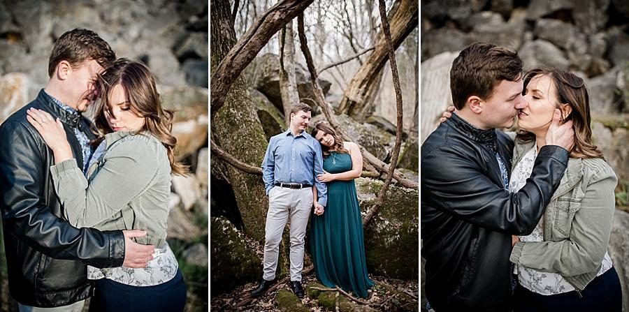 Her head on his shoulder at this Knoxville engagement session at The Quarry by Knoxville Wedding Photographer, Amanda May Photos.