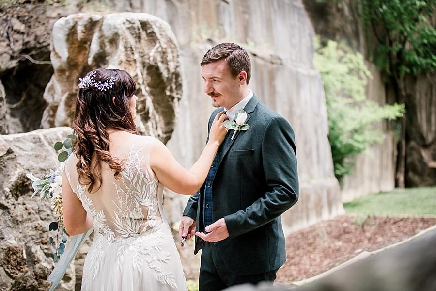 Straightening the groom's tie at this The Quarry wedding by Knoxville Wedding Photographer, Amanda May Photos.