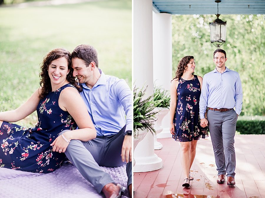 Walking on the front porch at this engagement at Castleton Farms by Knoxville Wedding Photographer, Amanda May Photos