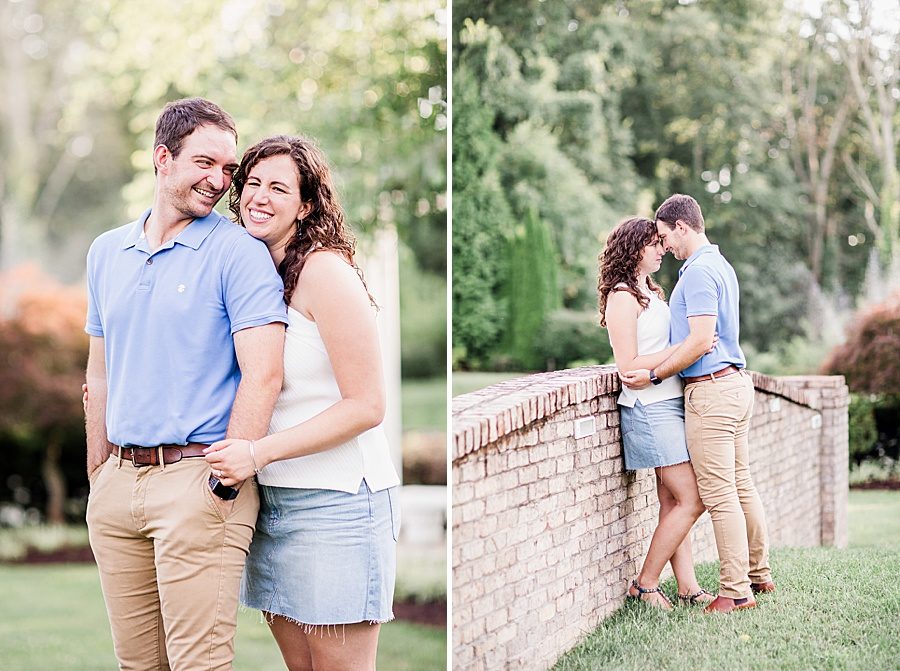 Standing by a brick wall at this engagement at Castleton Farms by Knoxville Wedding Photographer, Amanda May Photos