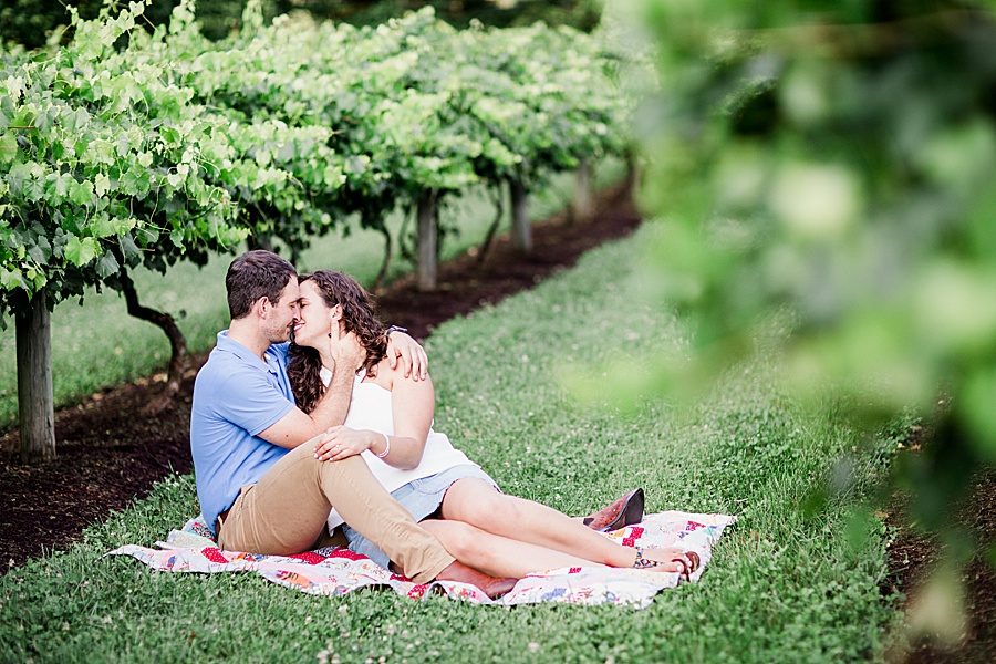 Sitting on a blanket at this engagement at Castleton Farms by Knoxville Wedding Photographer, Amanda May Photos