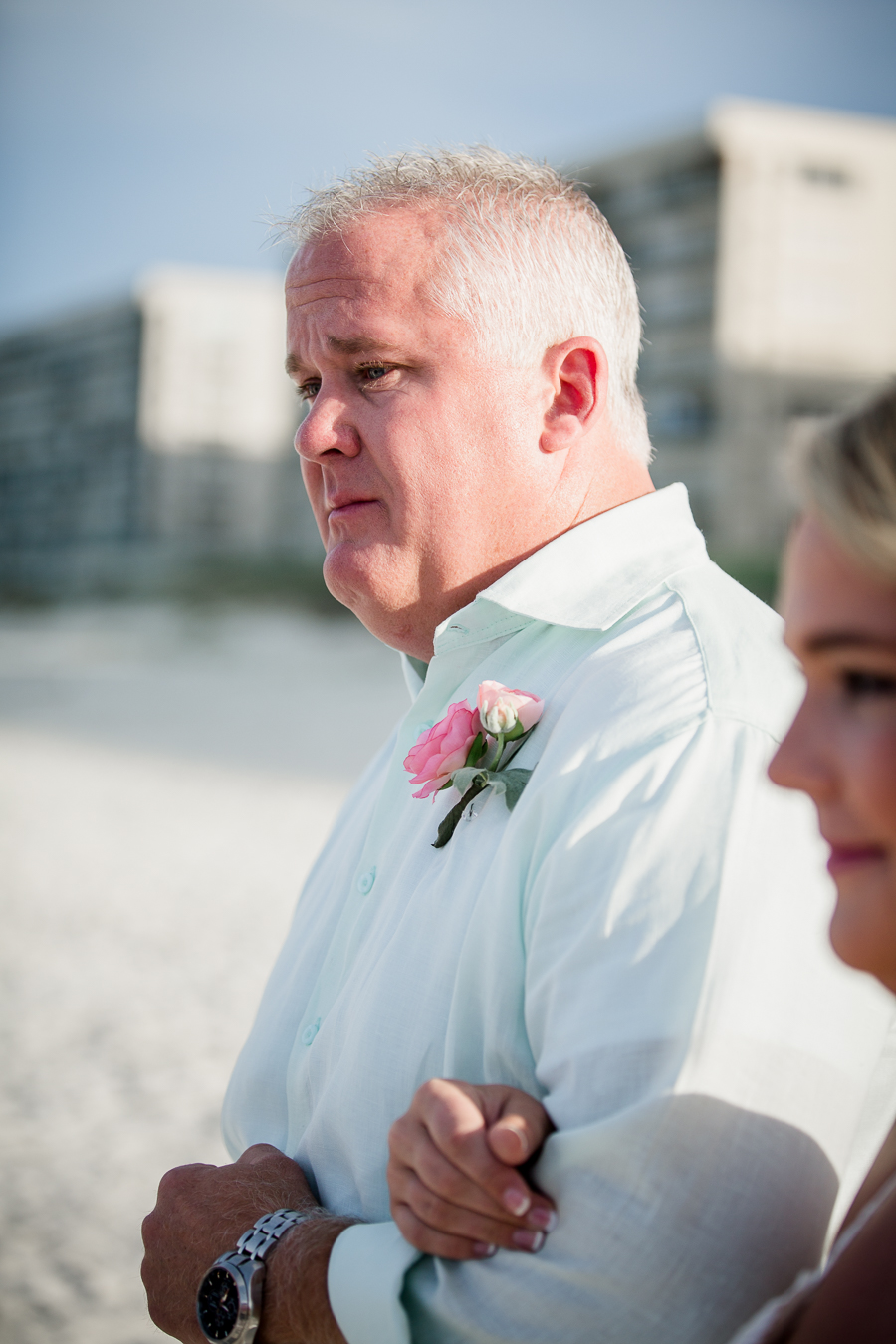 Close up of father walking bride at this Daytona Beach Wedding by Destination Wedding Photographer, Amanda May Photos.