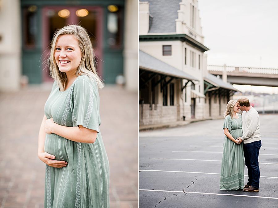 Green maternity dress at this Downtown Knoxville Maternity by Knoxville Wedding Photographer, Amanda May Photos.