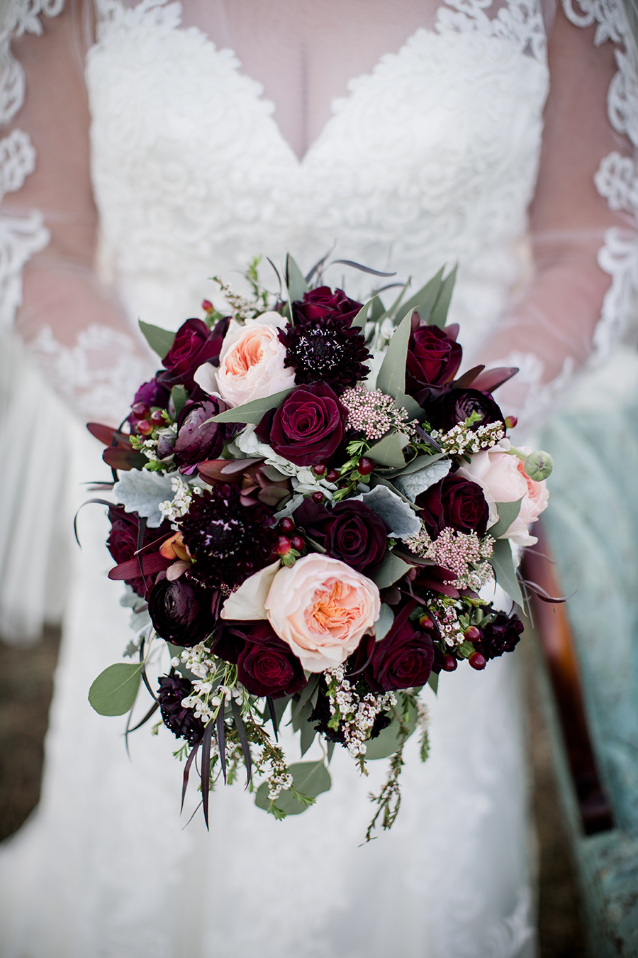 Bridal bouquet with maroon and blush at this bridal session at The Barn at High Point Farms by Knoxville Wedding Photographer, Amanda May Photos.