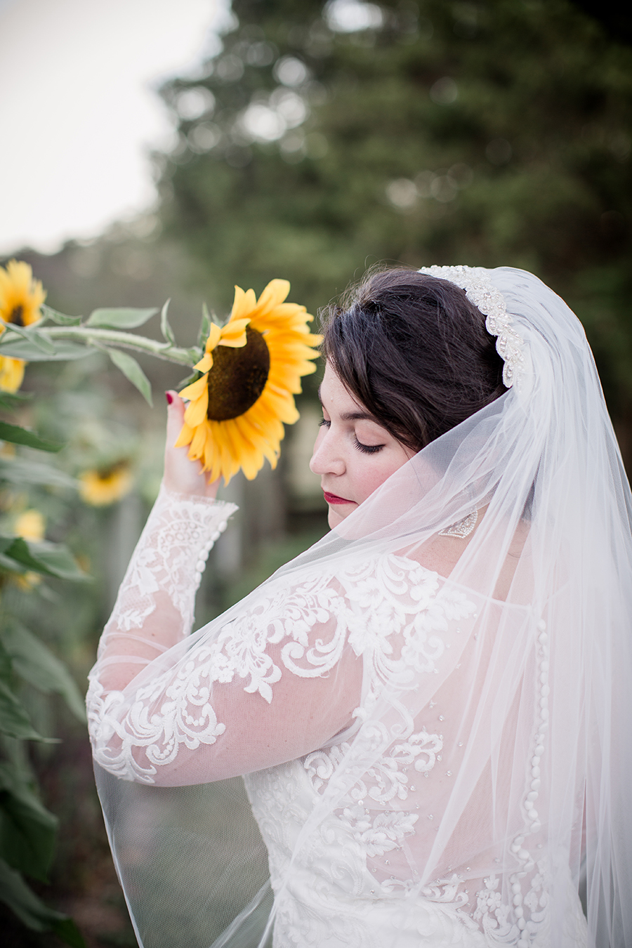 Smelling a sunflower at this bridal session at The Barn at High Point Farms by Knoxville Wedding Photographer, Amanda May Photos.
